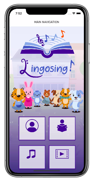 Picture of a mobile phone on the Lingosing! app, helping children to learn English through music. A colourful logo is at the top, with a open book with a music stave and the treble clef and musical notes over the words "Lingosing!". A group of animal characters is assembled in a line above four app buttons: "home", "learn", "music" and "video".